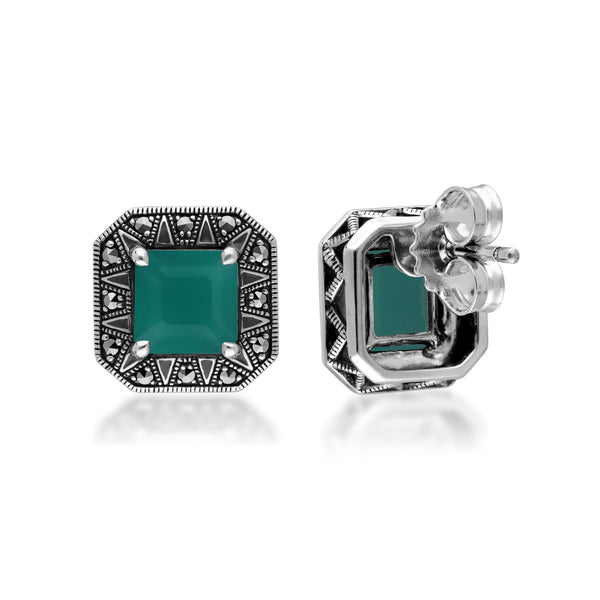Gemondo Art Deco Inspired Square Cut Chalcedony & Marcasite Stud Earrings