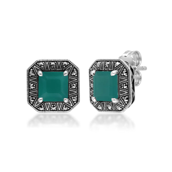 gemondo Art Deco Inspired Square Cut Chalcedony & Marcasite Stud Earrings