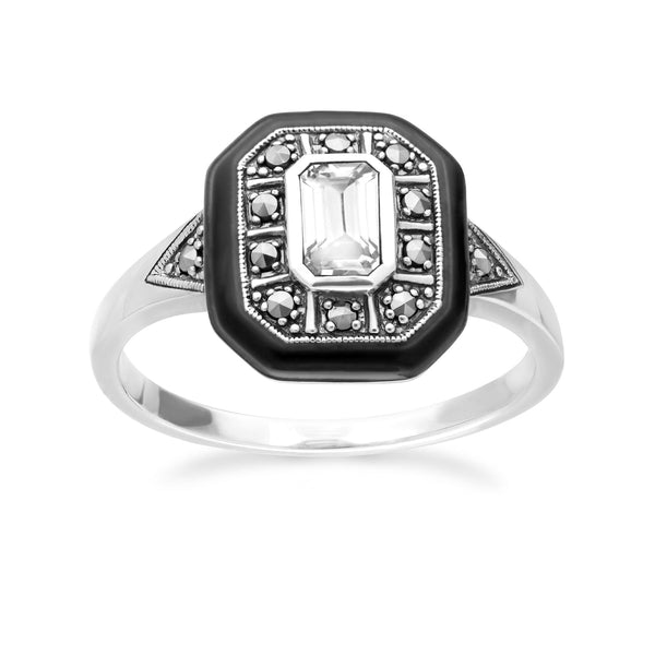 Gemondo Art Deco Inspired White Topaz Enamel & Marcasite Square Ring