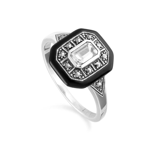 gemondo Art Deco Inspired White Topaz Enamel & Marcasite Square Ring