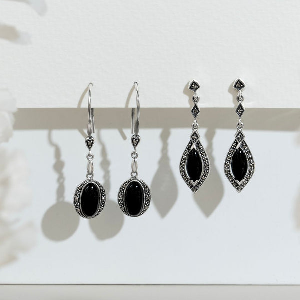 Gemondo Art Deco Marquise Black Onyx & Marcasite Halo Drop Earrings In 925 Sterling Silver