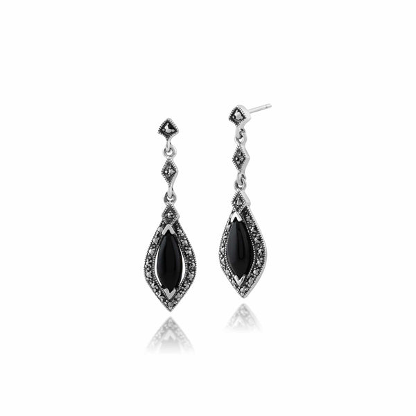 gemondo Art Deco Marquise Black Onyx & Marcasite Halo Drop Earrings in 925 Sterling Silver