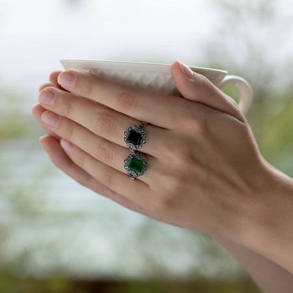 Gemondo Art Deco Style Baguette Black Onyx & Marcasite Ring In 925 Sterling Silver