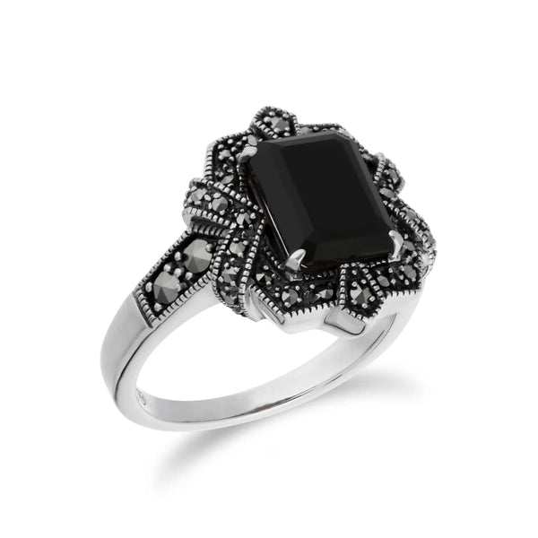 Gemondo Art Deco Style Baguette Black Onyx & Marcasite Ring In 925 Sterling Silver