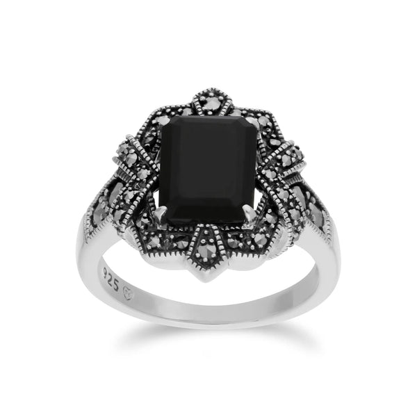 gemondo Art Deco Style Baguette Black Onyx & Marcasite Ring in 925 Sterling Silver