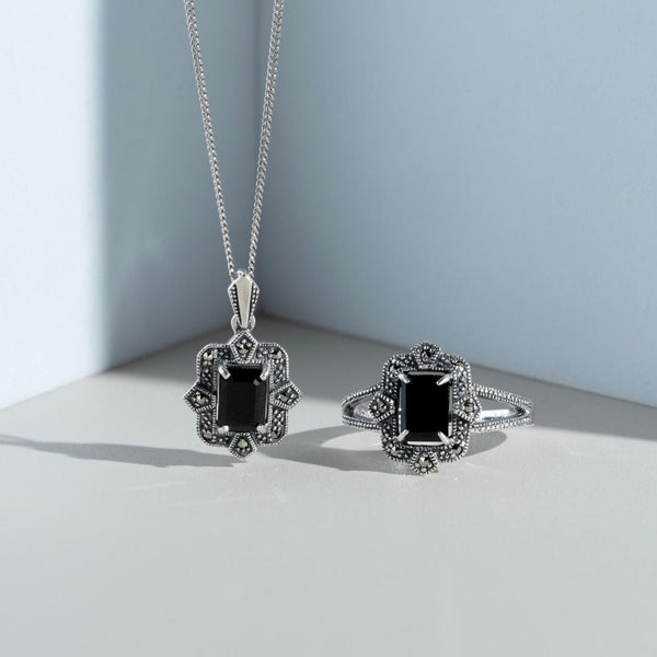 Gemondo Art Deco Style Baguette Black Spinel & Marcasite Ring In Silver