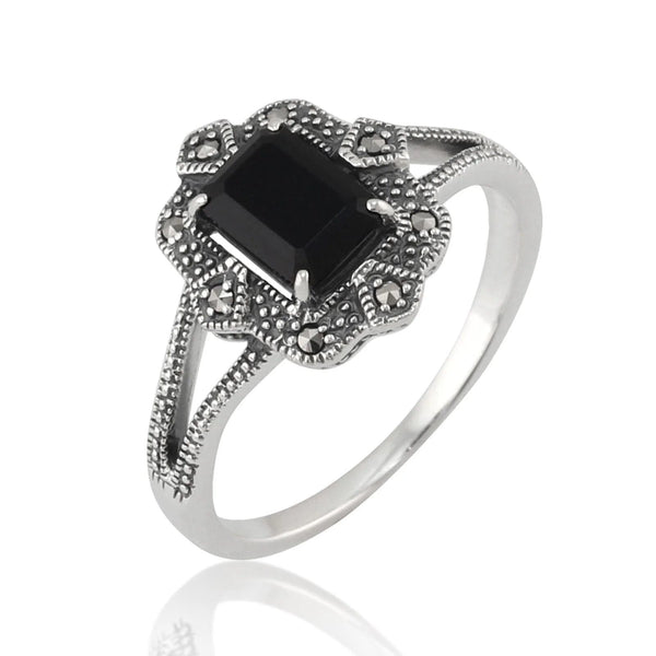 gemondo Art Deco Style Baguette Black Spinel & Marcasite Ring in Silver