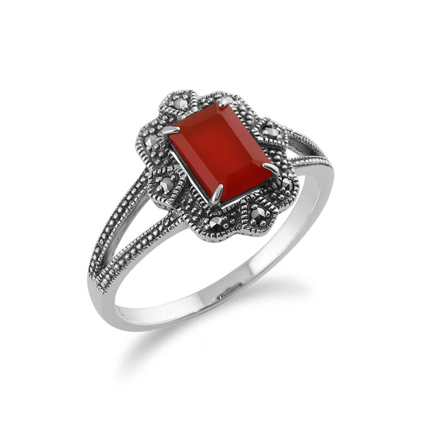 Gemondo Art Deco Style Baguette Carnelian & Marcasite Ring In 925 Sterling Silver