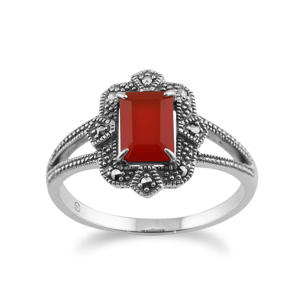 gemondo Art Deco Style Baguette Carnelian & Marcasite Ring in 925 Sterling Silver