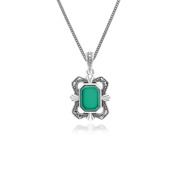 gemondo Art Deco Style Baguette Chalcedony and Marcasite Pendant Necklace in Sterling Silver