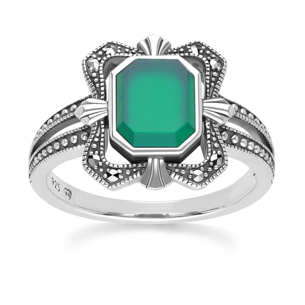 gemondo Art Deco Style Baguette Chalcedony and Marcasite Ring in Sterling Silver