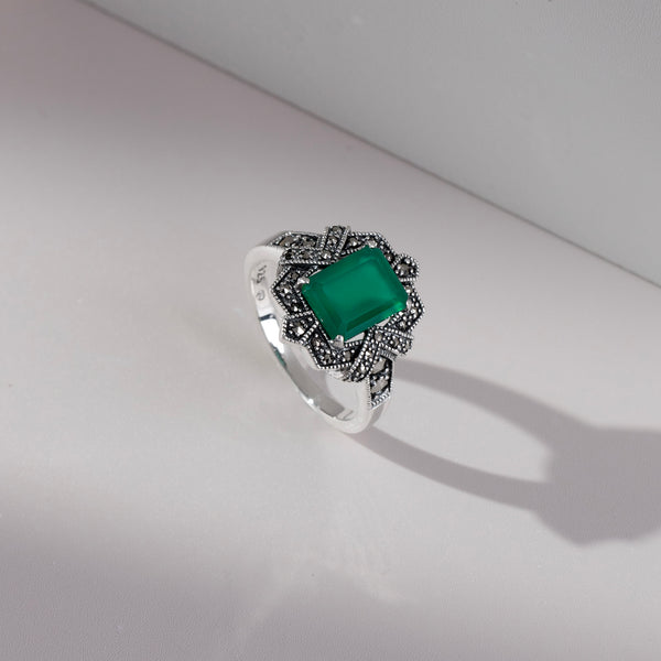Gemondo Art Deco Style Baguette Green Chalcedony & Marcasite Ring In 925 Sterling Silver