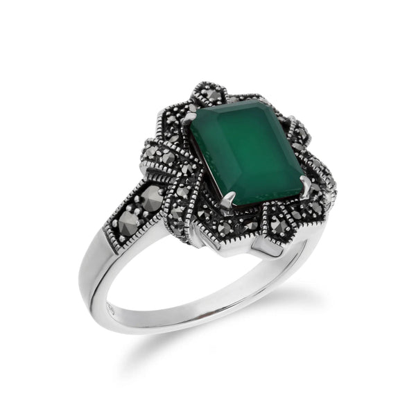 Gemondo Art Deco Style Baguette Green Chalcedony & Marcasite Ring In 925 Sterling Silver
