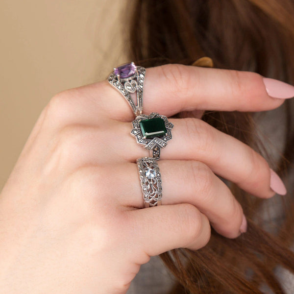 Gemondo Art Deco Style Baguette Green Chalcedony & Marcasite Ring In 925 Sterling Silver