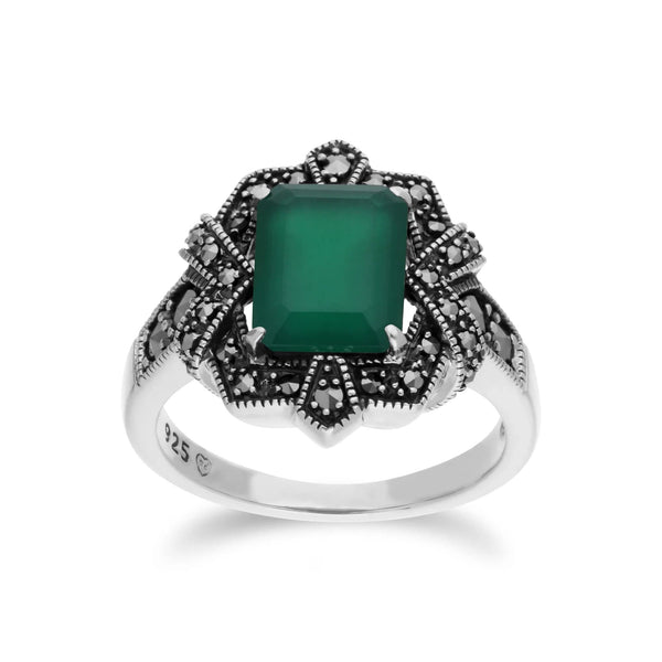 gemondo Art Deco Style Baguette Green Chalcedony & Marcasite Ring in 925 Sterling Silver