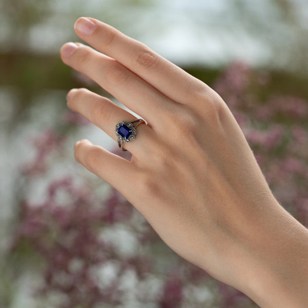 Gemondo Art Deco Style Baguette Lapis Lazuli & Marcasite Ring In 925 Sterling Silver