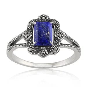 gemondo Art Deco Style Baguette Lapis Lazuli & Marcasite Ring in 925 Sterling Silver