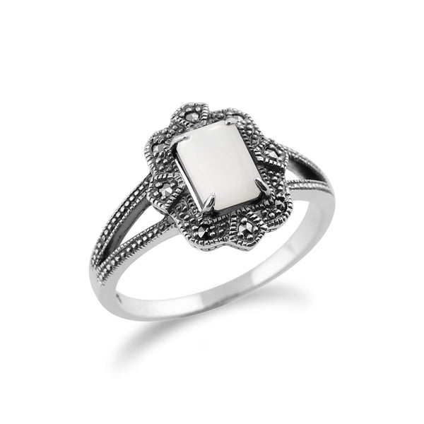 Gemondo Art Deco Style Baguette Mother Of Pearl & Marcasite Ring In 925 Sterling Silver