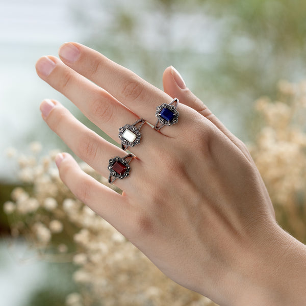 Gemondo Art Deco Style Baguette Mother Of Pearl & Marcasite Ring In 925 Sterling Silver