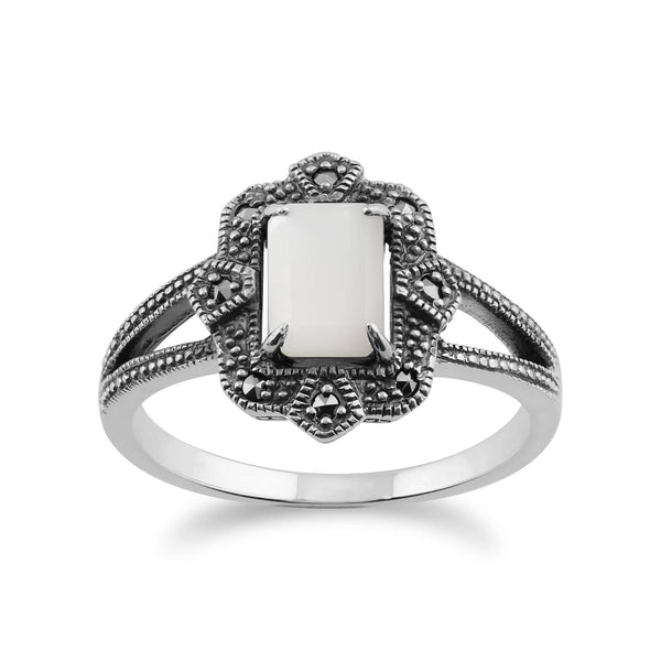 gemondo Art Deco Style Baguette Mother of Pearl & Marcasite Ring in 925 Sterling Silver
