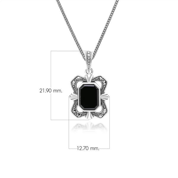 Gemondo Art Deco Style Baguette Onyx And Marcasite Pendant Necklace In Sterling Silver