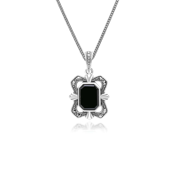 gemondo Art Deco Style Baguette Onyx and Marcasite Pendant Necklace in Sterling Silver