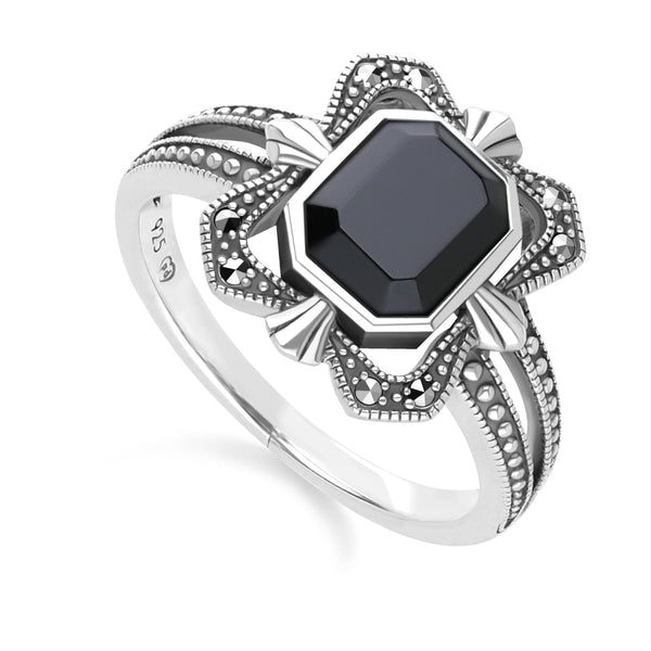 Gemondo Art Deco Style Baguette Onyx And Marcasite Ring In Sterling Silver