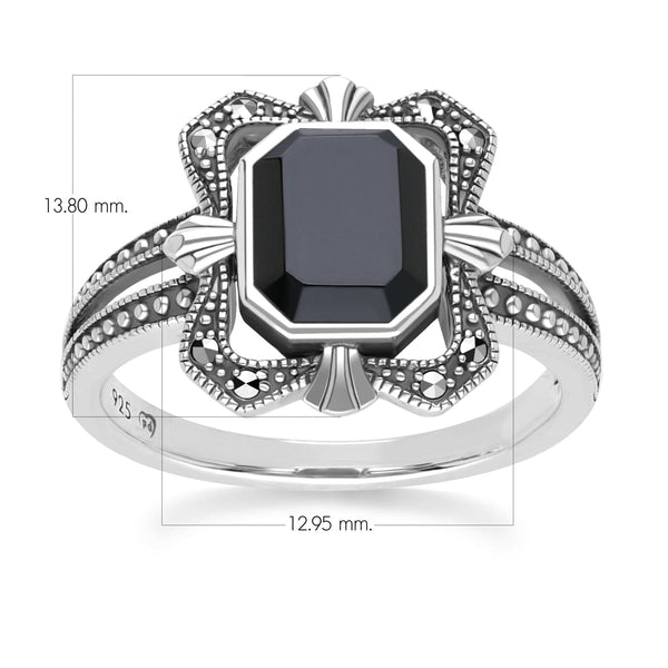 Gemondo Art Deco Style Baguette Onyx And Marcasite Ring In Sterling Silver