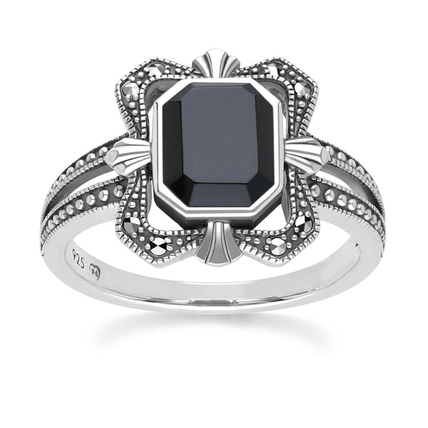 gemondo Art Deco Style Baguette Onyx and Marcasite Ring in Sterling Silver