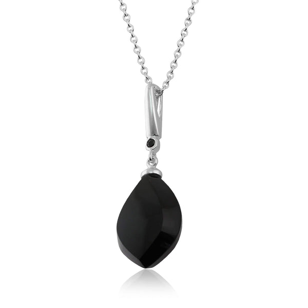 Gemondo Art Deco Style Black Onyx Cabochon & Black Spinel Pendant In Sterling Silver