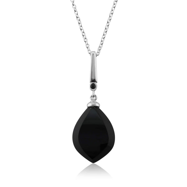 gemondo Art Deco Style Black Onyx Cabochon & Black Spinel Pendant in Sterling Silver