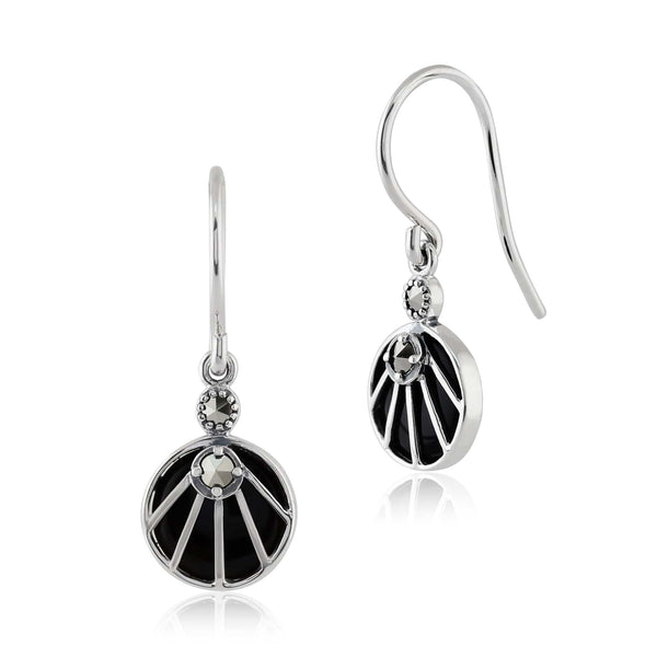 gemondo Art Deco Style Black Onyx Cabochon & Marcasite Drop Earrings in 925 Sterling Silver