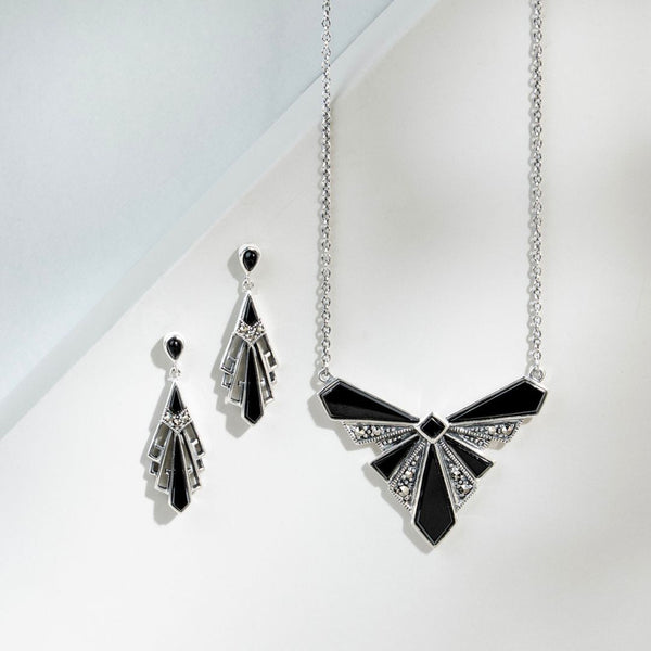 Gemondo Art Deco Style Black Onyx Cabochon & Marcasite Necklace In 925 Sterling Silver