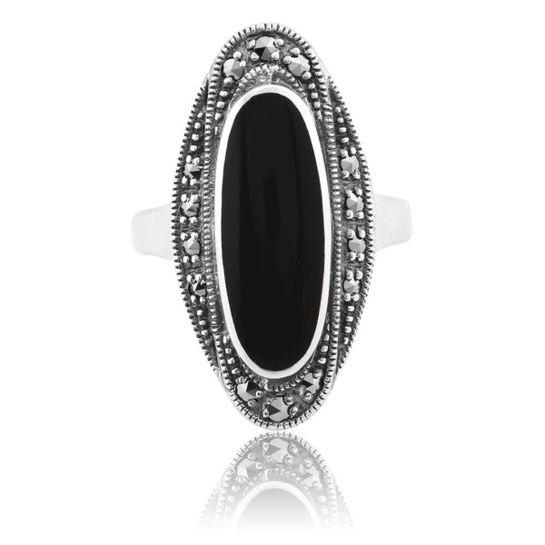 Gemondo Art Deco Style Black Onyx Cabochon & Marcasite Ring In 925 Sterling Silver