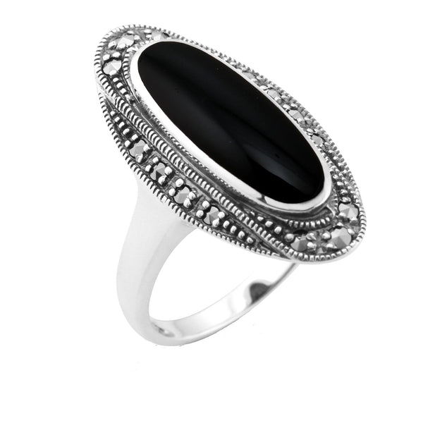 gemondo Art Deco Style Black Onyx Cabochon & Marcasite Ring in 925 Sterling Silver