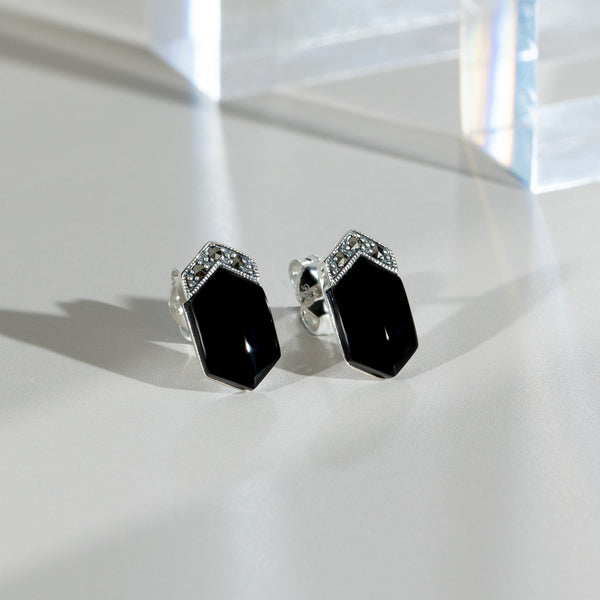 Gemondo Art Deco Style Black Onyx  Cabochon & Marcasite Stud Earrings In 925 Sterling Silver