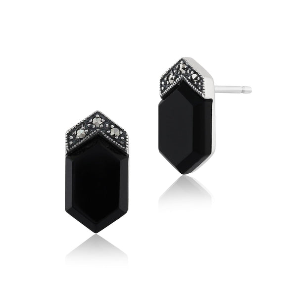 gemondo Art Deco Style Black Onyx  Cabochon & Marcasite Stud Earrings in 925 Sterling Silver