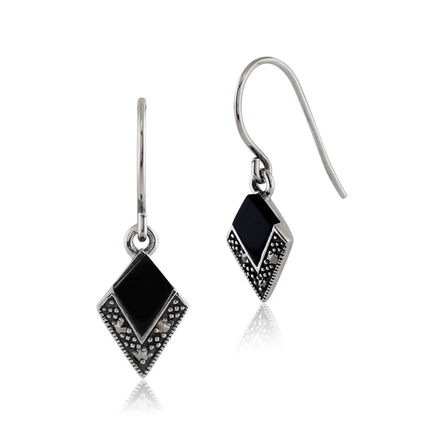gemondo Art Deco Style Black Onyx & Marcasite Drop Earrings in 925 Sterling Silver