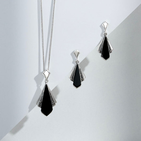 Gemondo Art Deco Style Black Onyx & Marcasite Fan Drop Earrings In 925 Sterling Silver