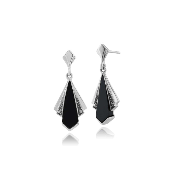 gemondo Art Deco Style Black Onyx & Marcasite Fan Drop Earrings in 925 Sterling Silver