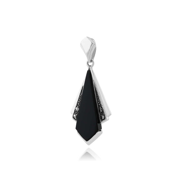 Gemondo Art Deco Style Black Onyx & Marcasite Fan Drop Pendant In 925 Sterling Silver