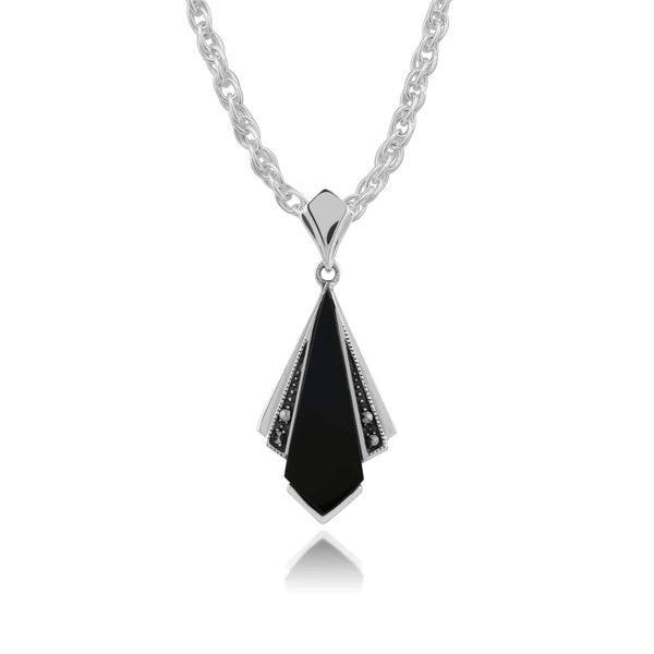 gemondo Art Deco Style Black Onyx & Marcasite Fan Drop Pendant in 925 Sterling Silver