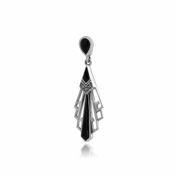 Gemondo Art Deco Style Black Onyx & Marcasite Open Work Fan Drop Necklace In 925 Sterling Silver