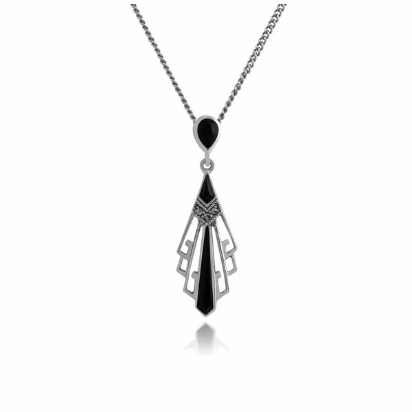 gemondo Art Deco Style Black Onyx & Marcasite Open Work Fan Drop Necklace in 925 Sterling Silver