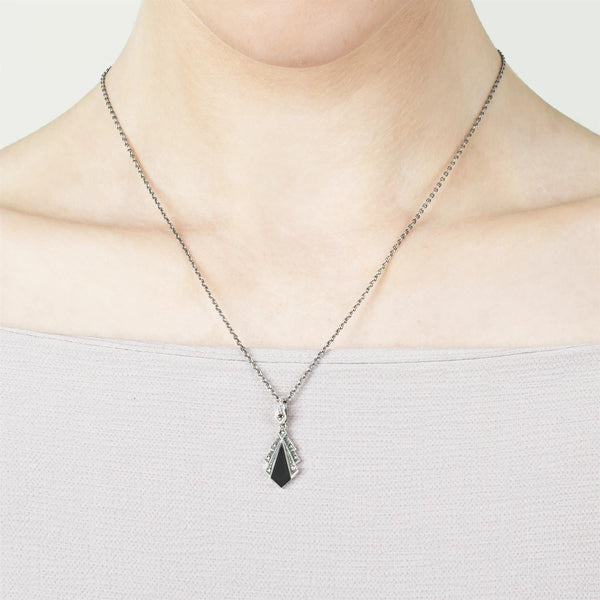 Gemondo Art Deco Style Black Onyx & Marcasite Pendant In 925 Sterling Silver