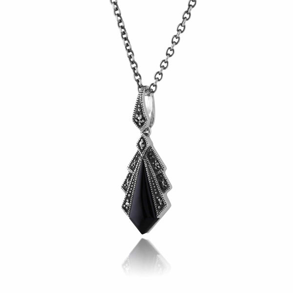 Gemondo Art Deco Style Black Onyx & Marcasite Pendant In 925 Sterling Silver