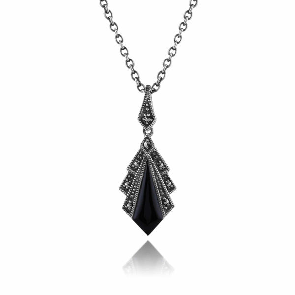 gemondo Art Deco Style Black Onyx & Marcasite Pendant in 925 Sterling Silver