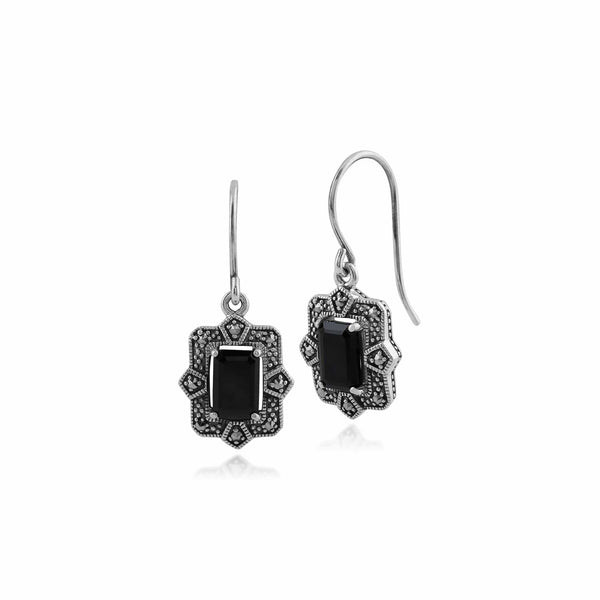 gemondo Art Deco Style Black Spinel & Marcasite Drop Earrings in Silver