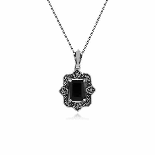 gemondo Art Deco Style Black Spinel & Marcasite Pendant in Silver