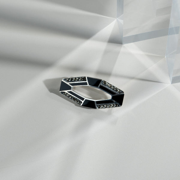 Gemondo Art Deco Style Cabochon Black Onyx & Marcasite Brooch In 925 Sterling Silver